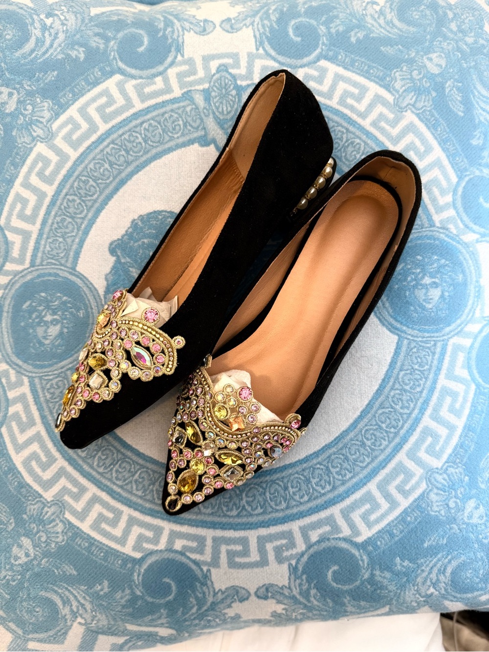 NEW Jewel Adorned Point Toe Black Flats- 7/38